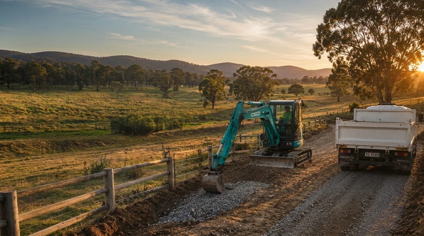 Excavator and tipper truck forming a gravel access track on a rural property near Myrtleford