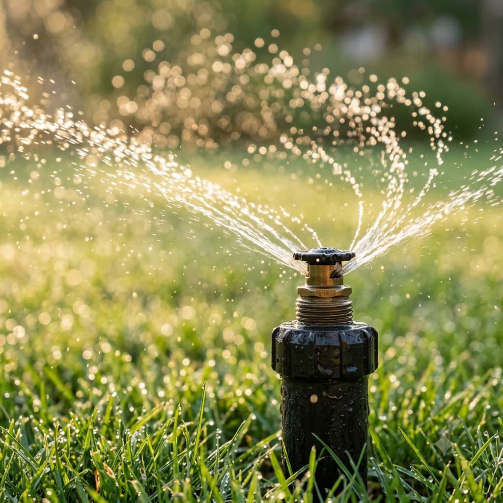 Pop-up irrigation sprinkler watering a healthy lawn