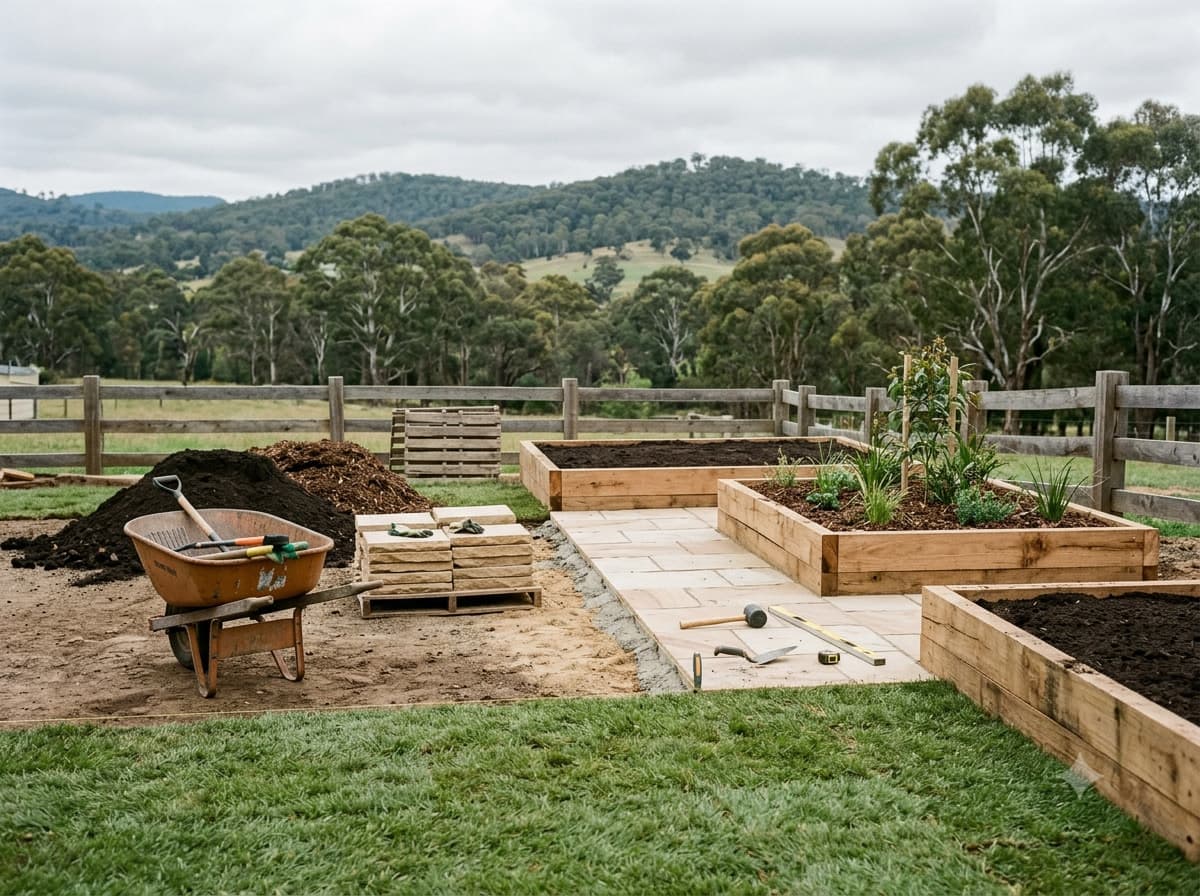 Landscape construction with new garden beds and paving in a backyard