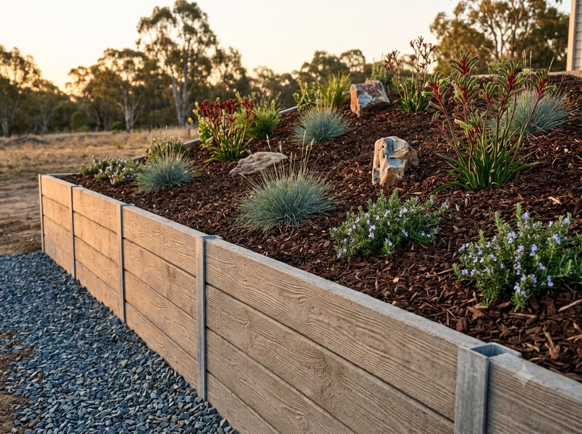 Decorative timber-look concrete sleeper retaining wall with galvanised steel posts, holding a mulched garden bed