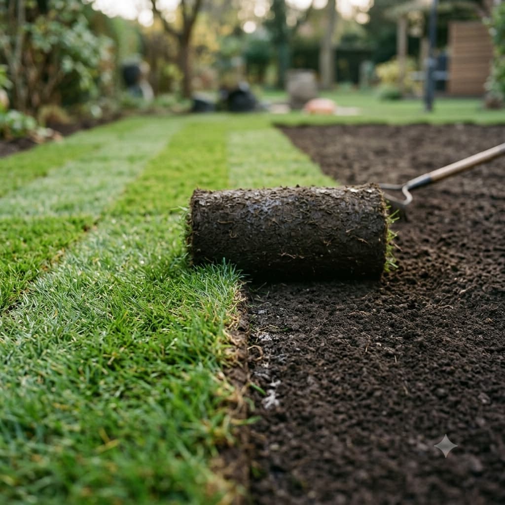 Fresh turf being laid on prepared soil during a lawn installation